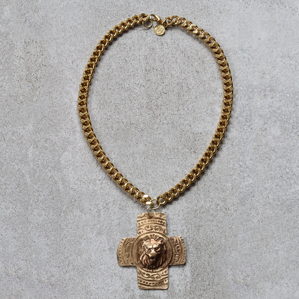 Lion x Cross on Gold Plated Curb Chain