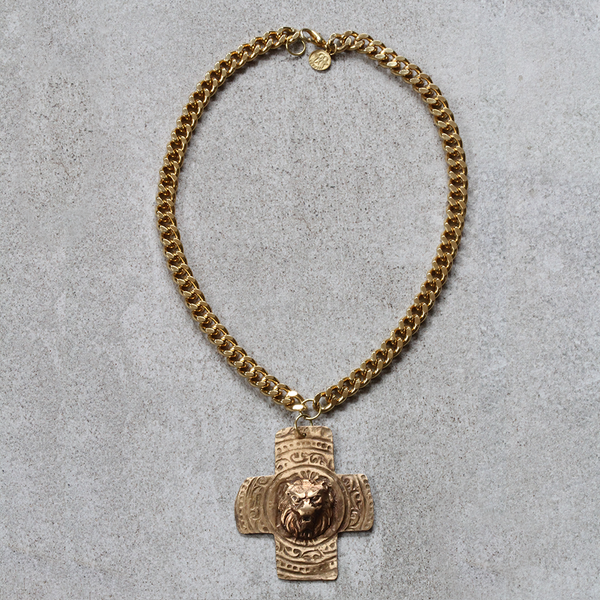 Lion x Cross on Gold Plated Curb Chain